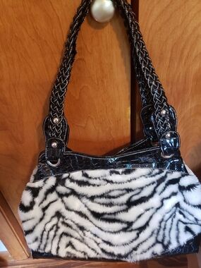 Faux Fur Zebra-Print Shoulder Bag - Black & White